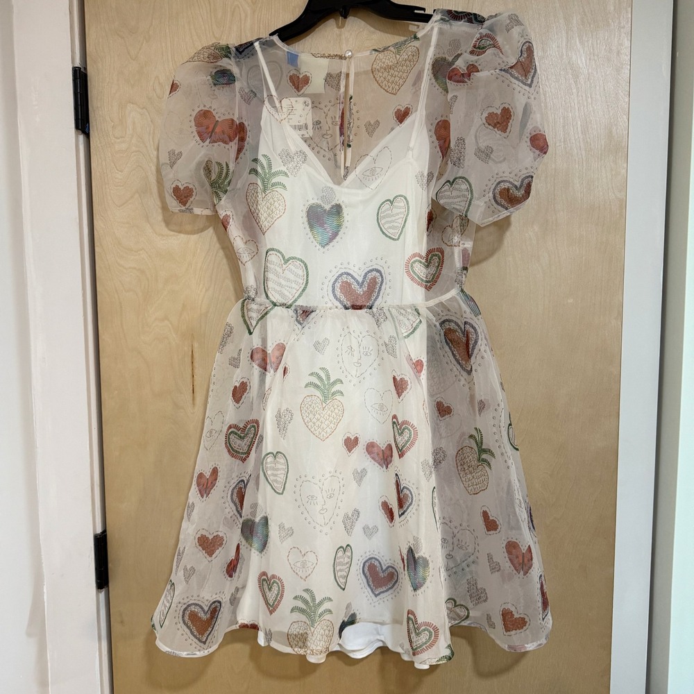 Farm Rio x Anthropologie Semi-Sheer Puff-Sleeve Mini Heart Dress White Small - Picture 2 of 9